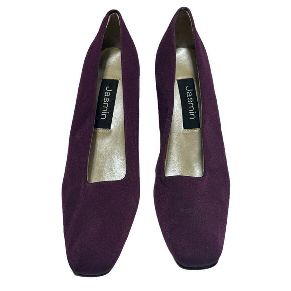 1980’s Vintage Jasmin Dark Purple Block Heels Closed Square Toe Leather Sole - Picture 2 of 11